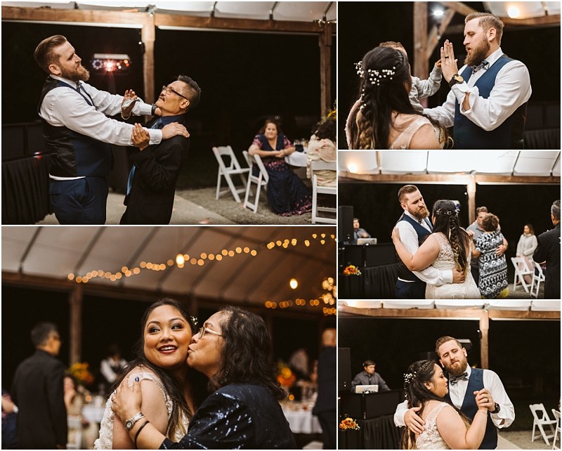 Premier snohomish & seattle wedding photographer | gsquared weddings photography a collage of five photos from a snohomish wedding reception shows guests dancing laughing hugging and celebrating under string lights in a tented outdoor venue The atmosphere is joyful and festive | serving snohomish seattle                   & beyond