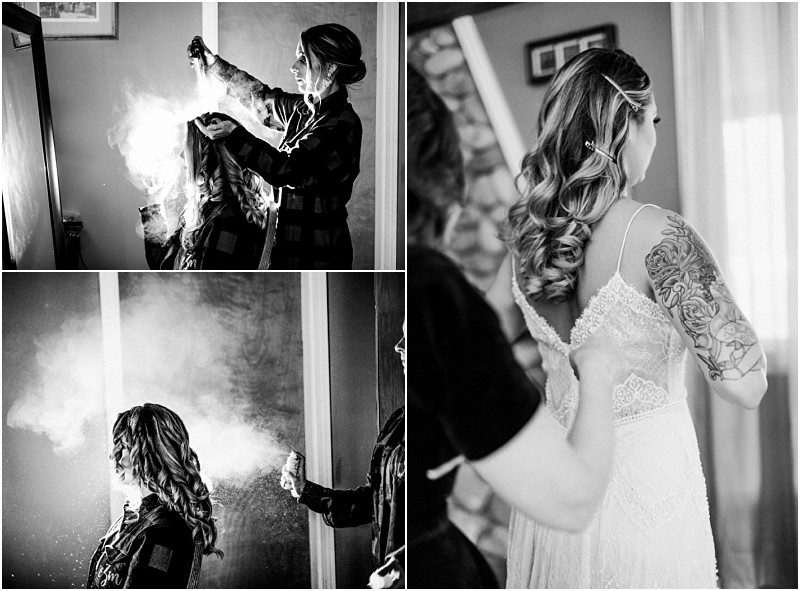 Premier snohomish & seattle wedding photographer | gsquared weddings photography a black and white collage captures a snohomish bride getting ready her hair is sprayed with hairspray in two photos while in the third someone helps her adjust her lace wedding dress before her seattle wedding | serving snohomish seattle                   & beyond