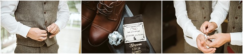 Premier snohomish & seattle wedding photographer | gsquared weddings photography a man in a tweed vest buttons his waistcoat and cuffs Next to him are brown dress shoes a boutonniere and a personalized snohomish wedding label reading best adventure with my love and the date 9 27 19 | serving snohomish seattle                   & beyond
