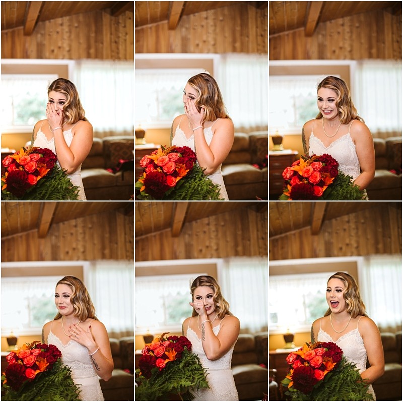 Premier snohomish & seattle wedding photographer | gsquared weddings photography a bride in a white dress reacts emotionally in a series of six photos at a snohomish seattle wedding holding a vibrant bouquet of red and orange flowers with expressions from surprised to joyful in a warmly lit room with wood walls and large windows | serving snohomish seattle                   & beyond