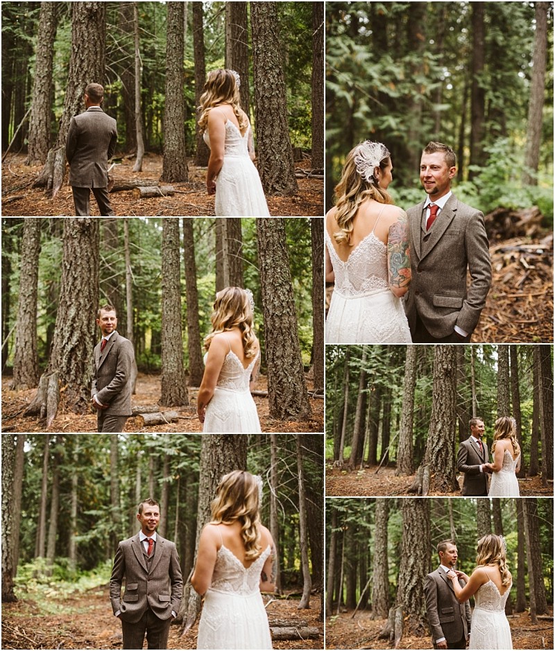 Premier snohomish & seattle wedding photographer | gsquared weddings photography a bride and groom share a first look in a forest near snohomish exchanging excited and loving expressions among tall trees with the bride in a white dress and the groom in a brown suit at their seattle wedding engagement | serving snohomish seattle                   & beyond