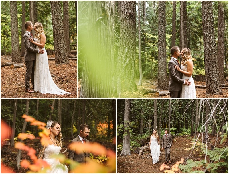 Premier snohomish & seattle wedding photographer | gsquared weddings photography a couple dressed in wedding attire poses and walks together in a forest near snohomish surrounded by tall trees and autumn foliage in four separate warm toned photos | serving snohomish seattle                   & beyond