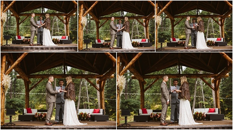 Premier snohomish & seattle wedding photographer | gsquared weddings photography a collage of six photos shows a bride and groom exchanging vows and rings during an outdoor snohomish wedding ceremony under a wooden pavilion surrounded by trees | serving snohomish seattle                   & beyond