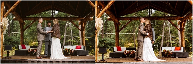 Premier snohomish & seattle wedding photographer | gsquared weddings photography a couple stands under a rustic wooden gazebo during their outdoor snohomish wedding ceremony In the first frame they face each other holding hands In the second they kiss surrounded by greenery and cozy seating | serving snohomish seattle                   & beyond