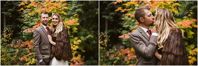 Premier snohomish & seattle wedding photographer | gsquared weddings photography a couple dressed in fall attire stands in front of colorful autumn leaves In this snohomish engagement session they smile at the camera in the second image the man kisses the womans forehead as she smiles | serving snohomish seattle                   & beyond