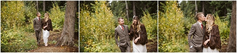 Premier snohomish & seattle wedding photographer | gsquared weddings photography a couple walks through a forest near snohomish smiling and holding each other in elegant wedding attire In the last frame they share a kiss capturing the magic of their seattle engagement | serving snohomish seattle                   & beyond