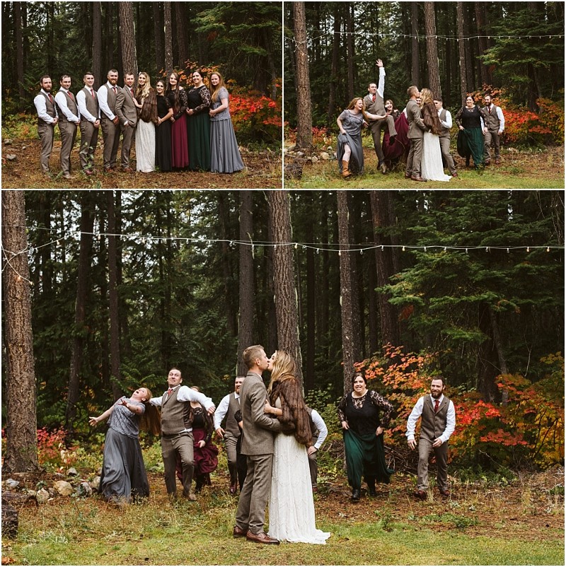 Premier snohomish & seattle wedding photographer | gsquared weddings photography three photos of a snohomish wedding party in a forest the group poses formally then acts silly and finally the bride and groom kiss while friends celebrate Autumn foliage and string lights add seattle engagement charm | serving snohomish seattle                   & beyond