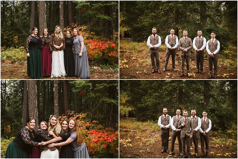Premier snohomish & seattle wedding photographer | gsquared weddings photography four people in formal attire pose in a forest near snohomish with autumn foliage Captured as if for a seattle wedding or engagement the women in dresses and men in suits hug amid tall trees and vibrant red and orange leaves | serving snohomish seattle                   & beyond