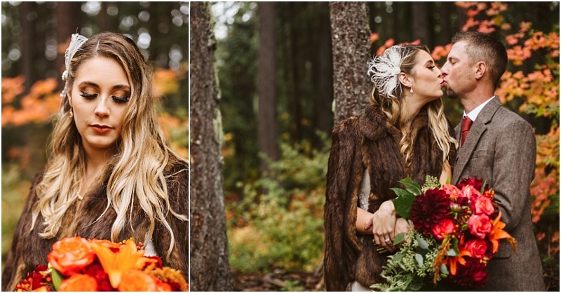 Premier snohomish & seattle wedding photographer | gsquared weddings photography a bride with long blond hair wearing a brown fur shawl and holding a vibrant bouquet stands in an autumn forest Beside her a groom in a brown suit kisses her on the foreheadcapturing a romantic snohomish wedding moment among fall leaves | serving snohomish seattle                   & beyond