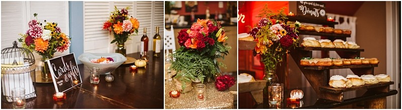 Premier snohomish & seattle wedding photographer | gsquared weddings photography a table displays fall themed floral arrangements candles a birdcage and a welcome signperfect for a snohomish or seattle wedding Nearby another table features tiered wooden trays with assorted pastries surrounded by flowers and tealight candles | serving snohomish seattle                   & beyond