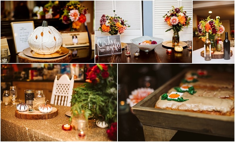 Premier snohomish & seattle wedding photographer | gsquared weddings photography a collage of autumn themed wedding decor for a snohomish seattle wedding white pumpkin lanterns bright floral centerpieces candles in jars a cards & gifts sign and frosted cookies decorated with orange pumpkins | serving snohomish seattle                   & beyond