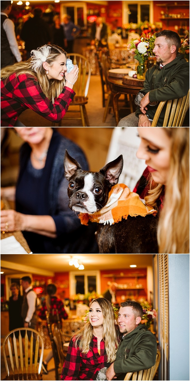 Premier snohomish & seattle wedding photographer | gsquared weddings photography three photos a woman in plaid snaps a photo of a man at a dinner table a boston terrier in an orange scarf sits nearby the couple smile together in a warmly lit festive dining roomcapturing cozy snohomish seattle engagement vibes | serving snohomish seattle                   & beyond