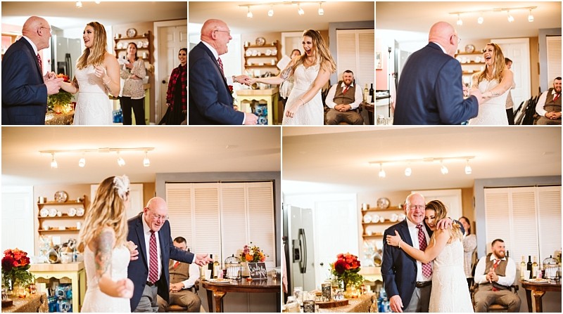 Premier snohomish & seattle wedding photographer | gsquared weddings photography a bride in a white dress dances with an older man in a suit at a cozy snohomish wedding reception near seattle surrounded by joyful guests in a warmly lit room filled with flowers and decorations | serving snohomish seattle                   & beyond