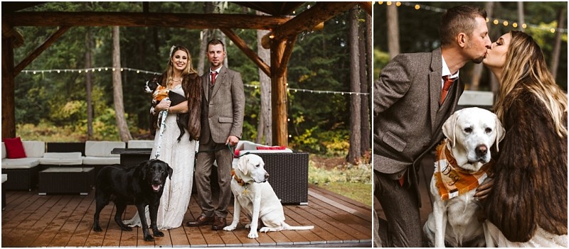 Premier snohomish & seattle wedding photographer | gsquared weddings photography a couple in wedding attire poses outdoors under a wooden pavilion with their two dogs one black and one white both wearing orange bandanas In a close up the snohomish seattle wedding couple kisses while kneeling beside their dogs | serving snohomish seattle                   & beyond