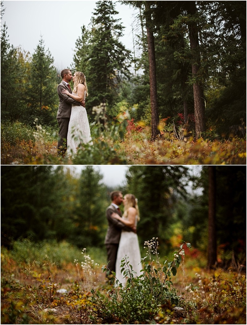 Premier snohomish & seattle wedding photographer | gsquared weddings photography a bride and groom stand close together in a forest clearing near snohomish surrounded by tall trees and autumn foliage The couple gazes at each other lovingly in both the top and bottom seattle wedding images | serving snohomish seattle                   & beyond