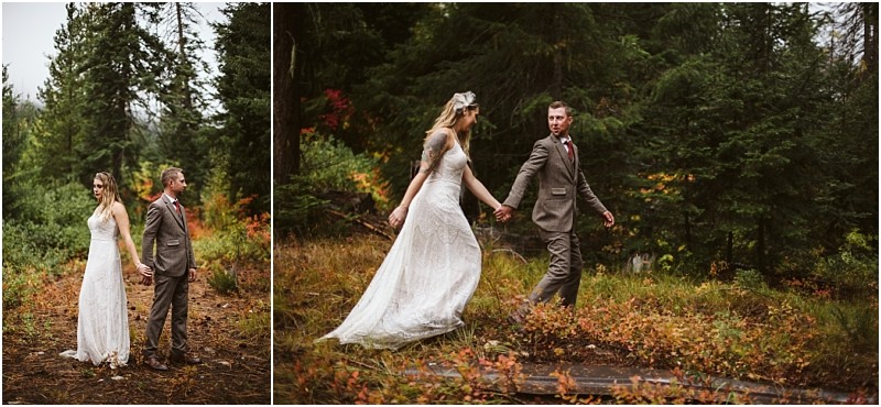 Premier snohomish & seattle wedding photographer | gsquared weddings photography a bride in a white dress and a groom in a brown suit hold hands while walking through a forest with autumn foliage appearing joyful and connected amid tall trees during their snohomish seattle wedding engagement | serving snohomish seattle                   & beyond