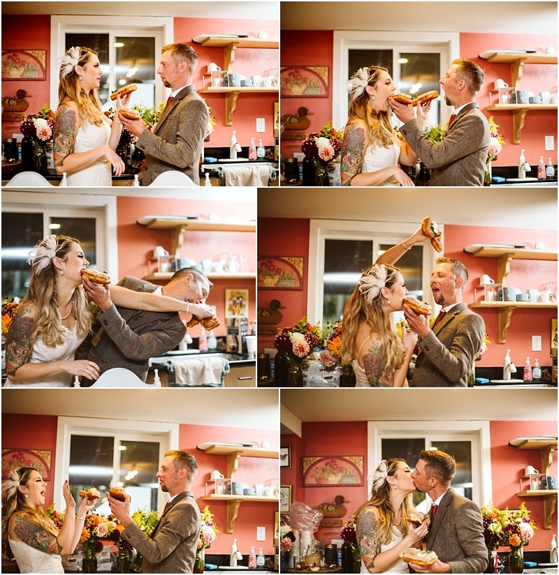 Premier snohomish & seattle wedding photographer | gsquared weddings photography a bride and groom playfully feed each other donuts in a kitchen laughing and sharing joyful momentsa sweet snohomish seattle wedding engagement filled with candid fun and genuine smiles | serving snohomish seattle                   & beyond