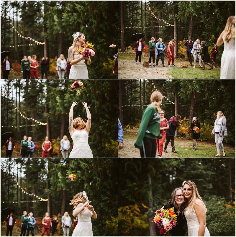Premier snohomish & seattle wedding photographer | gsquared weddings photography a collage of six outdoor snohomish wedding photos shows a bride tossing her bouquet to cheering guests The final image has the bride and the bouquet catcher smiling together with trees and string lights in the background | serving snohomish seattle                   & beyond
