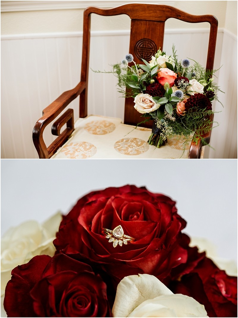 Premier snohomish & seattle wedding photographer | gsquared weddings photography a wooden chair holds a bouquet of flowers perfect for a snohomish seattle wedding Below a close up of a gold engagement ring with a teardrop shaped gem rests on deep red roses surrounded by white petals | serving snohomish seattle                   & beyond