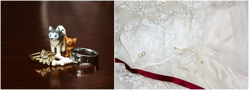 Premier snohomish & seattle wedding photographer | gsquared weddings photography a close up of wedding rings and jewelry at a snohomish seattle wedding features dog figurines and a bone on the left while on the right a wedding dress is adorned with an engagement ring necklace and a red ribbon | serving snohomish seattle                   & beyond