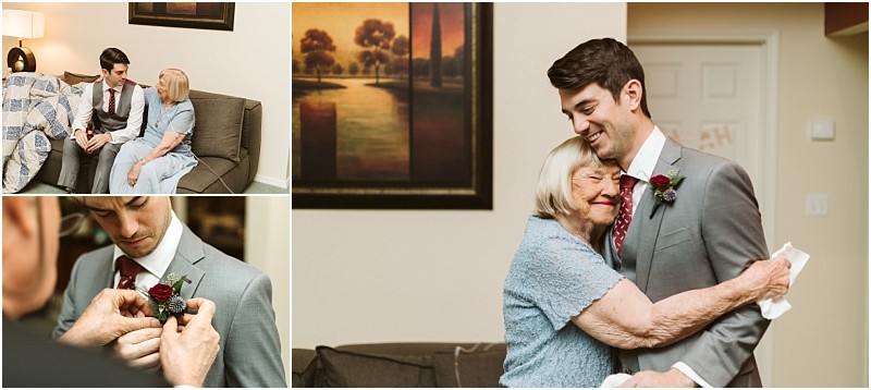 Premier snohomish & seattle wedding photographer | gsquared weddings photography a young man in a suit shares a warm hug with an elderly woman sits beside her on a couch and has a boutonniere pinned to his lapel in a cozy living room capturing the warmth of a snohomish seattle wedding engagement moment | serving snohomish seattle                   & beyond