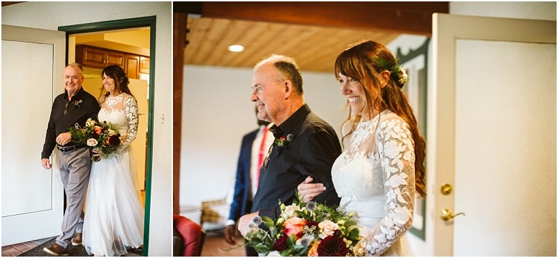 Premier snohomish & seattle wedding photographer | gsquared weddings photography a bride in a white lace dress holding a bouquet smiles as she walks arm in arm with an older man through a doorway on her snohomish wedding day | serving snohomish seattle                   & beyond