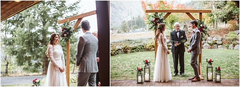 Premier snohomish & seattle wedding photographer | gsquared weddings photography a couple stands under a wooden arch decorated with flowers during an outdoor snohomish wedding ceremony joined by an officiant lush greenery and mountains set the perfect seattle engagement backdrop | serving snohomish seattle                   & beyond