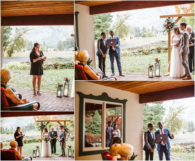 Premier snohomish & seattle wedding photographer | gsquared weddings photography a small snohomish outdoor wedding ceremony with a bride and groom under a floral arch guests seated nearby and some people participating virtually via laptopperfect for an intimate seattle wedding or engagement celebration | serving snohomish seattle                   & beyond