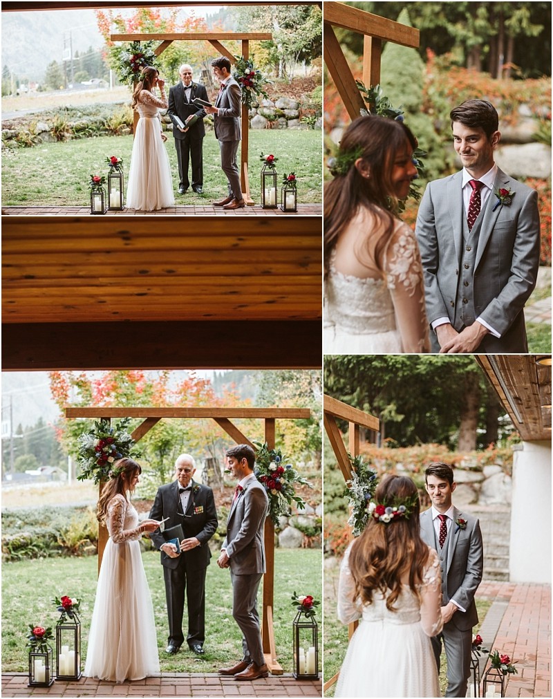 Premier snohomish & seattle wedding photographer | gsquared weddings photography a bride and groom stand facing each other and holding hands during an outdoor snohomish wedding ceremony with an officiant reading vows beneath a decorated wooden arch Trees and nature create a scenic seattle area backdrop | serving snohomish seattle                   & beyond