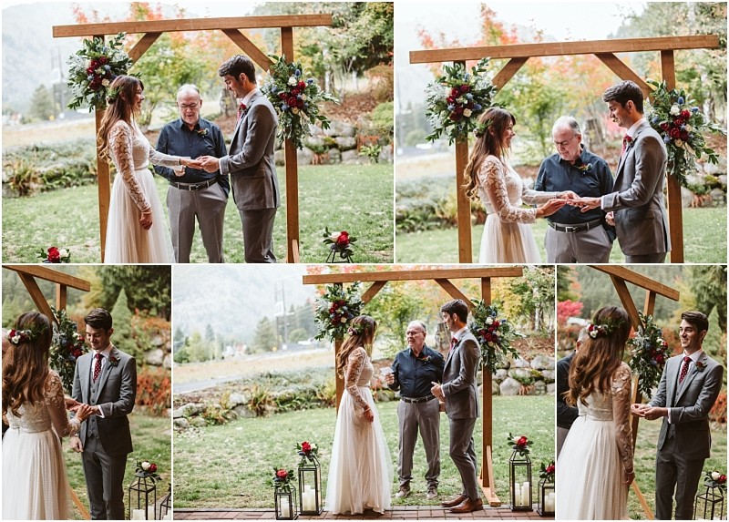 Premier snohomish & seattle wedding photographer | gsquared weddings photography a collage of five outdoor snohomish wedding photos shows a bride and groom exchanging rings and vows under a wooden arch decorated with flowers with a celebrant officiating and a scenic green landscape in the background | serving snohomish seattle                   & beyond