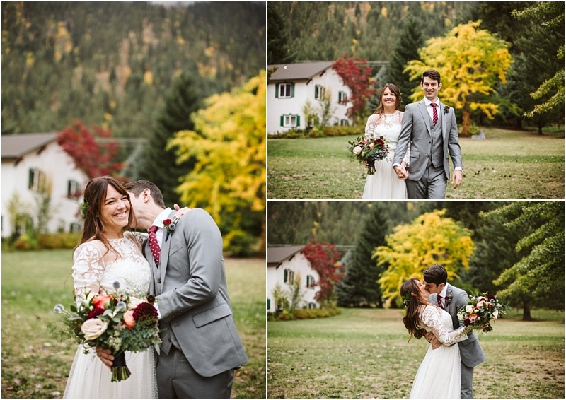 Snohomish & seattle wedding photographer | gsquared weddings photography a bride and groom smile and embrace outdoors in front of colorful autumn trees and a white house sharing joyful moments on their leavenworth elopement wedding day | wedding photo by gsquared weddings