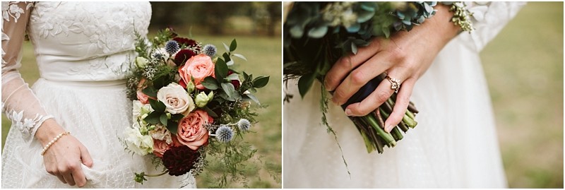 Premier snohomish & seattle wedding photographer | gsquared weddings photography a bride in a lace wedding dress holds a bouquet of roses and greenery at her snohomish seattle wedding In one image she holds the bouquet at her side in the other she clasps the stems showcasing her engagement ring | serving snohomish seattle                   & beyond