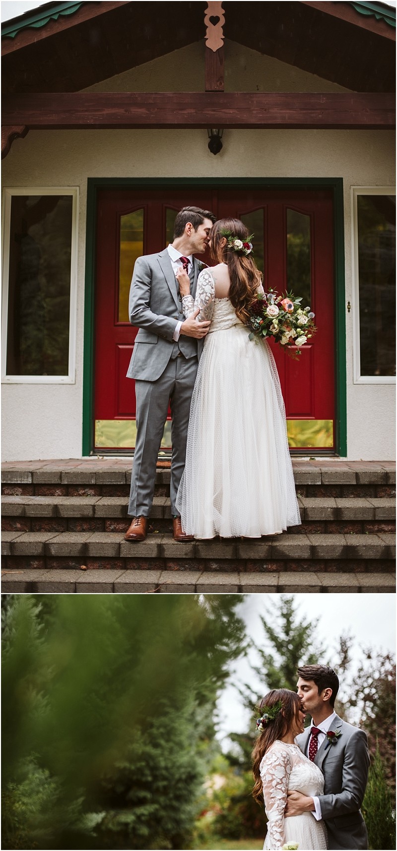 Premier snohomish & seattle wedding photographer | gsquared weddings photography a newlywed couple in wedding attire stands smiling and embracing outside red doors at their snohomish wedding then lovingly gazes at each other in a garden The bride holds a bouquet and wears a flower crown capturing seattle engagement vibes | serving snohomish seattle                   & beyond
