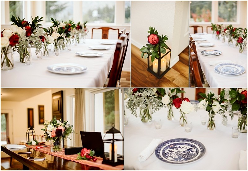 Premier snohomish & seattle wedding photographer | gsquared weddings photography a collage of elegant table settings for a snohomish seattle wedding featuring white tablecloths blue and white plates glass vases with red and white flowers greenery and decorative lanterns in a bright airy room | serving snohomish seattle                   & beyond