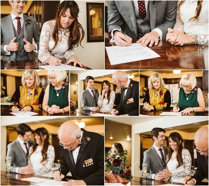 Premier snohomish & seattle wedding photographer | gsquared weddings photography a collage of snohomish wedding ceremony photos shows a couple signing documents exchanging smiles and posing with family members and an officiant in a warmly lit indoor setting | serving snohomish seattle                   & beyond