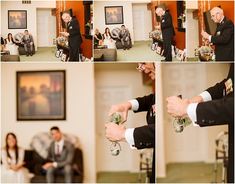 Premier snohomish & seattle wedding photographer | gsquared weddings photography a man in a formal suit performs a glass pouring ritual in a living room while a seated couplecelebrating their snohomish seattle wedding engagementwatches Family photos and art decorate the cozy space enriching the intimate scene | serving snohomish seattle                   & beyond