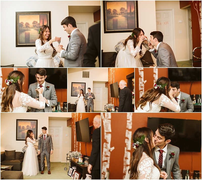 Premier snohomish & seattle wedding photographer | gsquared weddings photography a collage of six photos shows a bride and groom in a living room exchanging cake smiling and sharing affectionate moments during what appears to be an intimate snohomish wedding celebration at home | serving snohomish seattle                   & beyond