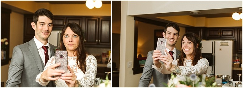 Premier snohomish & seattle wedding photographer | gsquared weddings photography two people dressed formally stand in a kitchen taking selfies together The woman makes a silly face in one photo and smiles in the other capturing playful moments before their snohomish seattle wedding engagement celebration | serving snohomish seattle                   & beyond