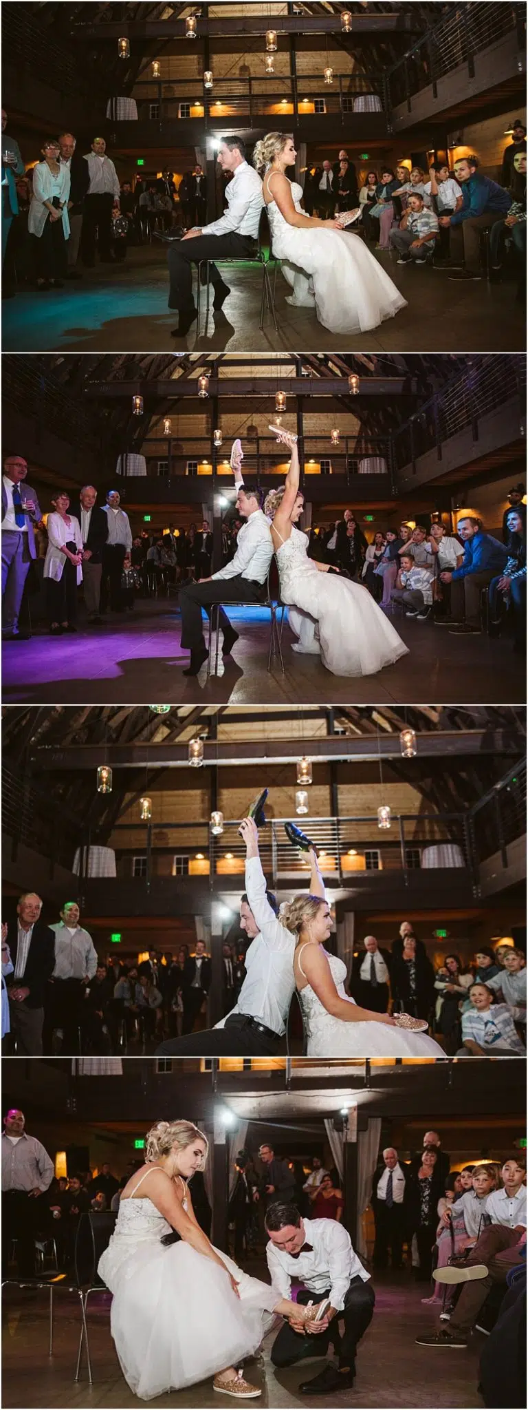 Premier Snohomish Seattle Wedding Photographer | GSquared Weddings Photography A bride and groom play the shoe game at their Snohomish wedding reception sitting back to back on chairs laughing and raising shoes surrounded by guests watching and smiling in a warmly lit venue | Serving Snohomish Seattle Beyond