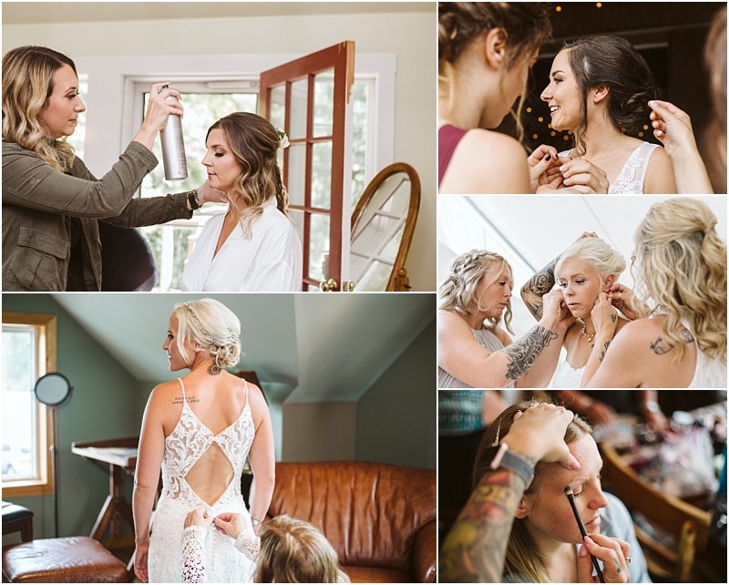 Premier snohomish & seattle wedding photographer | gsquared weddings photography a collage of brides getting ready hairstylists style hair makeup artists apply makeup and brides in white dresses prepare for their snohomish or seattle wedding day in bright indoor settings | serving snohomish seattle                   & beyond