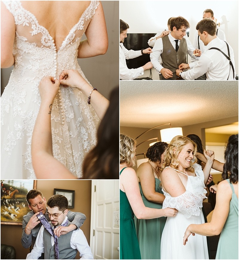 Premier snohomish & seattle wedding photographer | gsquared weddings photography a collage of snohomish wedding preparation scenes a brides dress being buttoned groomsmen helping with ties and bridesmaids assisting a smiling bride with her gown and accessories before a seattle engagement | serving snohomish seattle                   & beyond