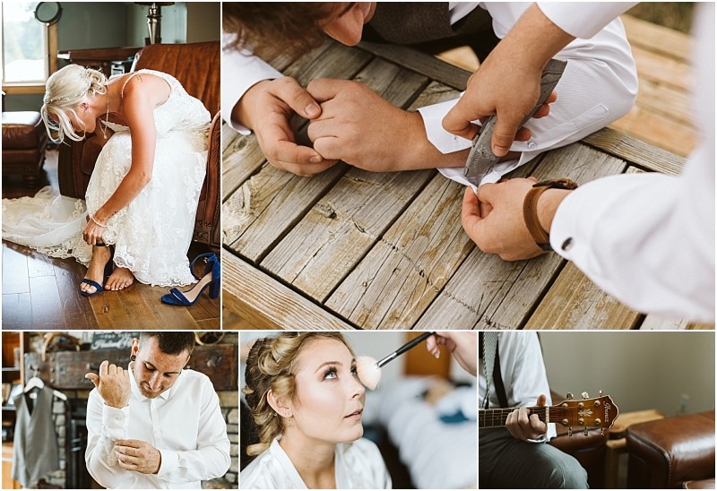 Premier snohomish & seattle wedding photographer | gsquared weddings photography a collage of snohomish wedding prep a bride puts on shoes a groom adjusts his cufflinks another man buttons a shirt the bride has makeup applied and someone plays a guitarcapturing the spirit of seattle engagement moments | serving snohomish seattle                   & beyond