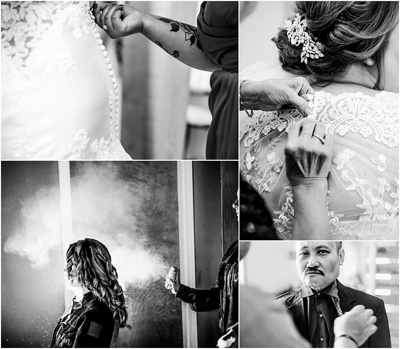 Premier snohomish & seattle wedding photographer | gsquared weddings photography a collage of black and white photos captures snohomish seattle wedding preparations a brides dress being buttoned her hair styled delicate lace details adjusted and a mans tie straightened before engagement celebrations begin | serving snohomish seattle                   & beyond