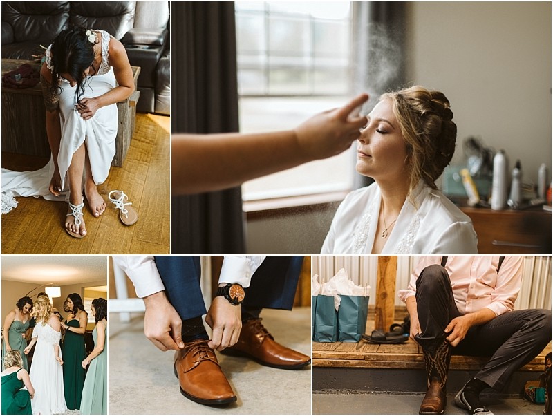 Premier snohomish & seattle wedding photographer | gsquared weddings photography a collage of snohomish wedding prep a bride puts on sandals has her hair sprayed and chats with bridesmaids while a groom ties brown shoes and puts on boots | serving snohomish seattle                   & beyond