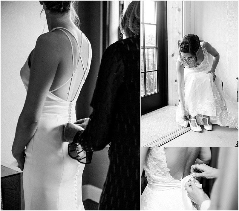 Premier snohomish & seattle wedding photographer | gsquared weddings photography a collage of three black and white photos from a snohomish seattle wedding shows a bride getting ready one captures her dress being buttoned another her adjusting her shoes and the third a close up of hands fastening her gown | serving snohomish seattle                   & beyond