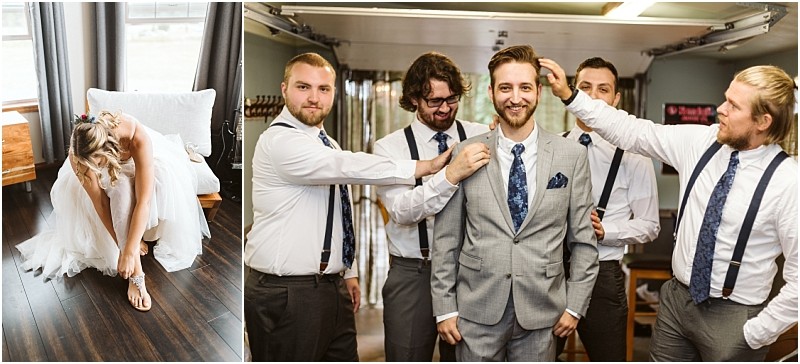 Premier snohomish & seattle wedding photographer | gsquared weddings photography in a bright room a bride ties her sandal on the bed while four groomsmen help the groom adjust his suit and tie all smiling and laughingcapturing joyful moments before their snohomish seattle wedding engagement | serving snohomish seattle                   & beyond