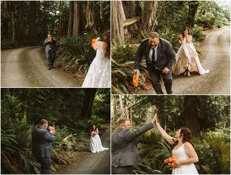Premier snohomish & seattle wedding photographer | gsquared weddings photography a bride surprises her groom on a lush forest path near snohomish seattle playfully aiming orange toy guns at him Laughter echoes among the trees and ferns as they share a joyful high five during their unforgettable engagement | serving snohomish seattle                   & beyond