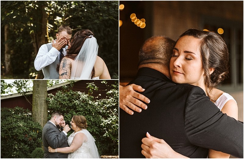 Premier snohomish & seattle wedding photographer | gsquared weddings photography a collage of three snohomish wedding photos a groom wipes tears as he sees the bride a bride hugs an older man and a bride and groom smile at each other while holding hands outdoors | serving snohomish seattle                   & beyond