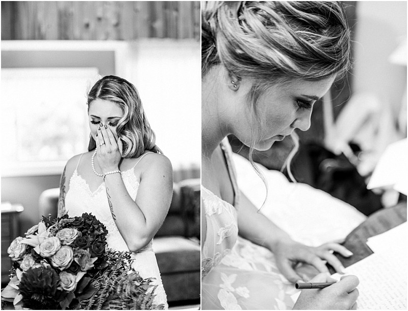 Premier snohomish & seattle wedding photographer | gsquared weddings photography black and white photos of a bride on the left she holds a bouquet and wipes a tear on the right she writes a letter Both images capture emotion and anticipation at this snohomish seattle wedding | serving snohomish seattle                   & beyond