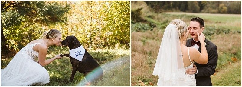 Premier snohomish & seattle wedding photographer | gsquared weddings photography two side by side photos on the left a bride in a white dress smiles and holds paws with a black dog in an i loved her first bandana on the right the couple shares a tender moment at their snohomish seattle wedding | serving snohomish seattle                   & beyond